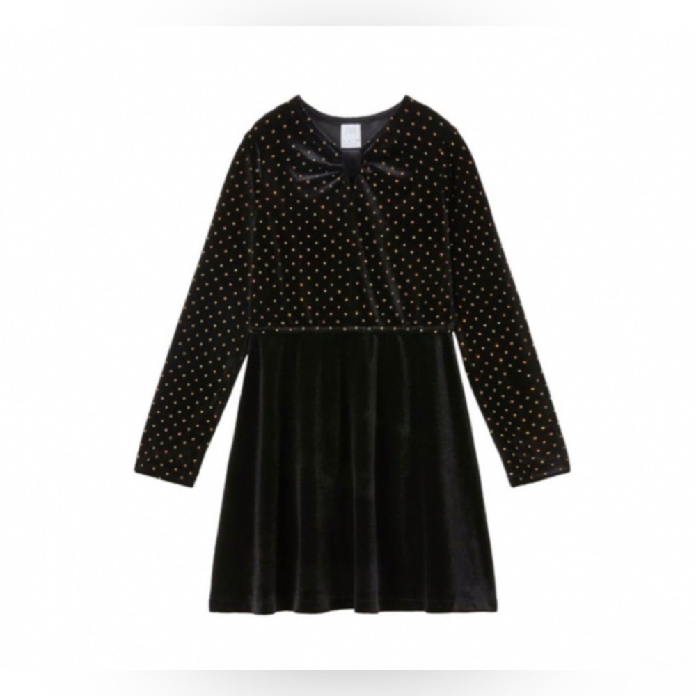 Zara | Kids Black Velvet Metallic Multicolor Dots. Long Sleeve Dress  -Size 7